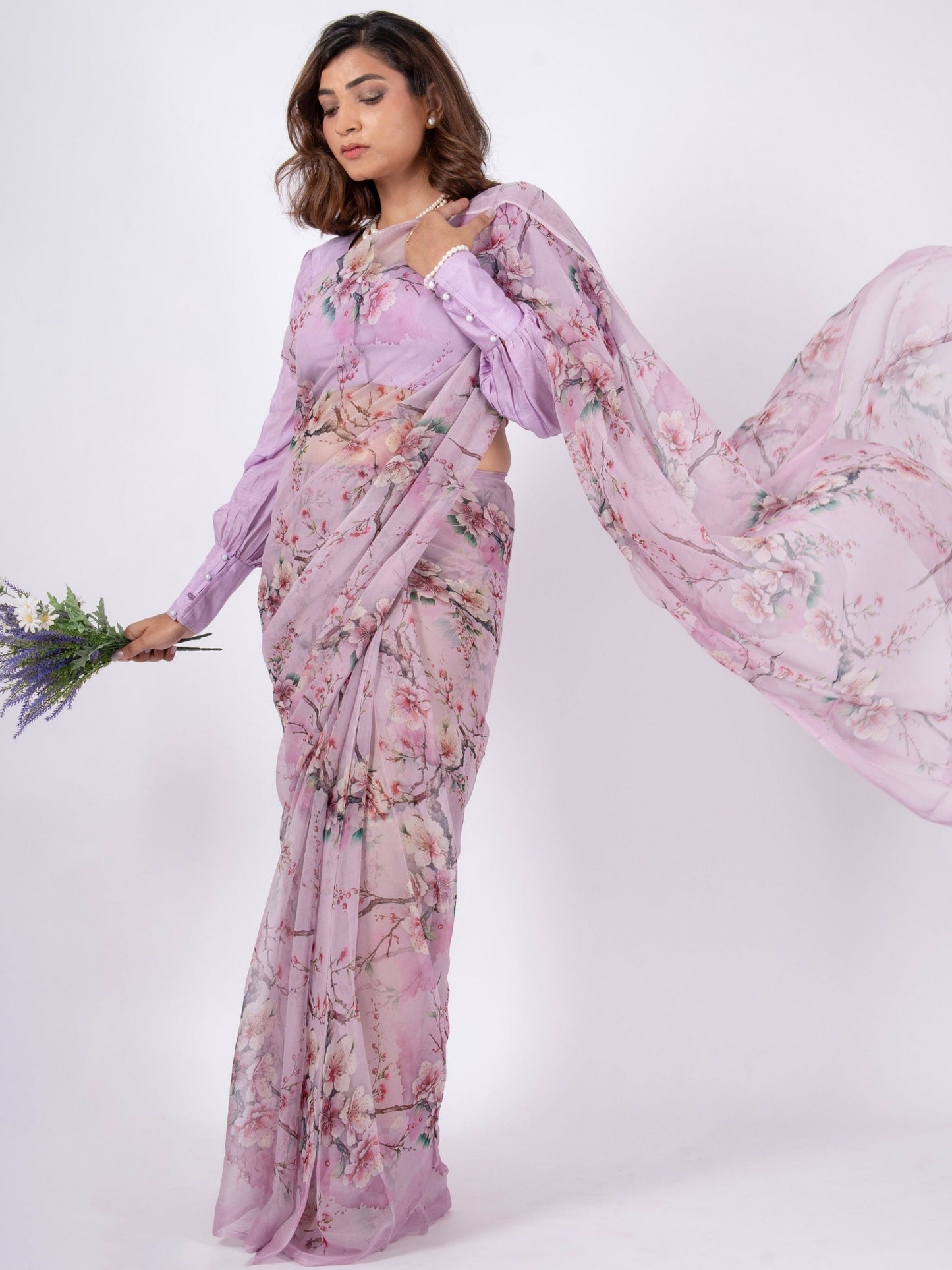 Amaris - Lavender Floral Print Pure Chiffon Saree