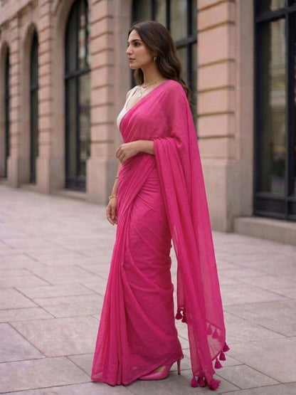 Peony - Plain Rose Pink Mul Cotton Saree