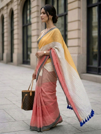 Tokyo - Multicolour Striped Mulmul Cotton Saree