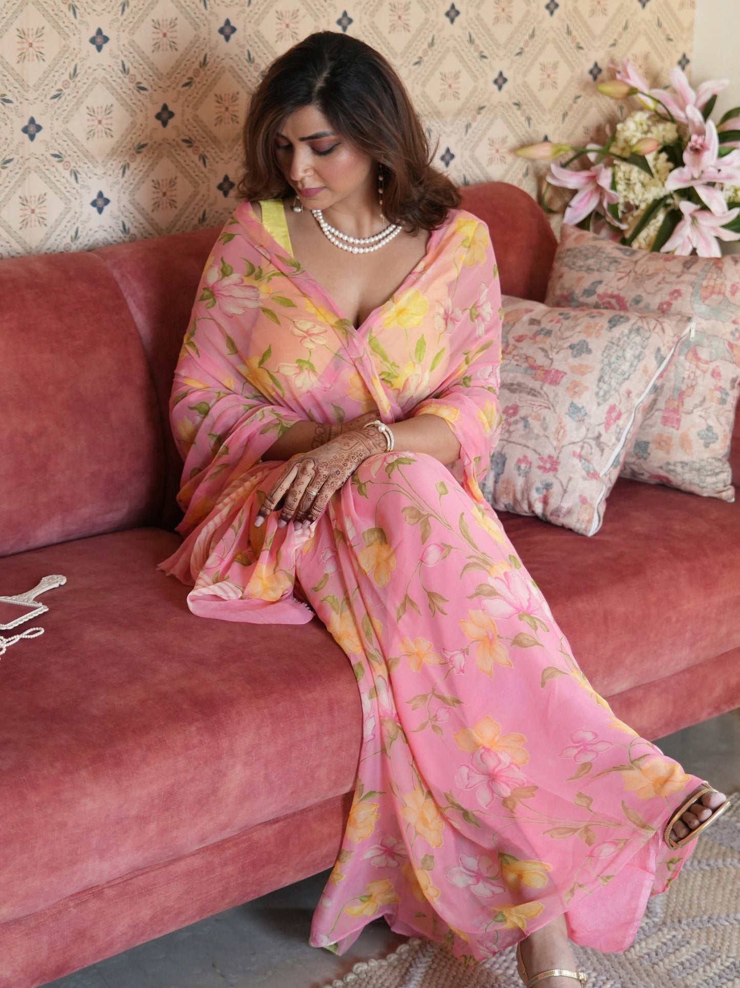 Roselle - Pink Floral Print Pure Chiffon Saree