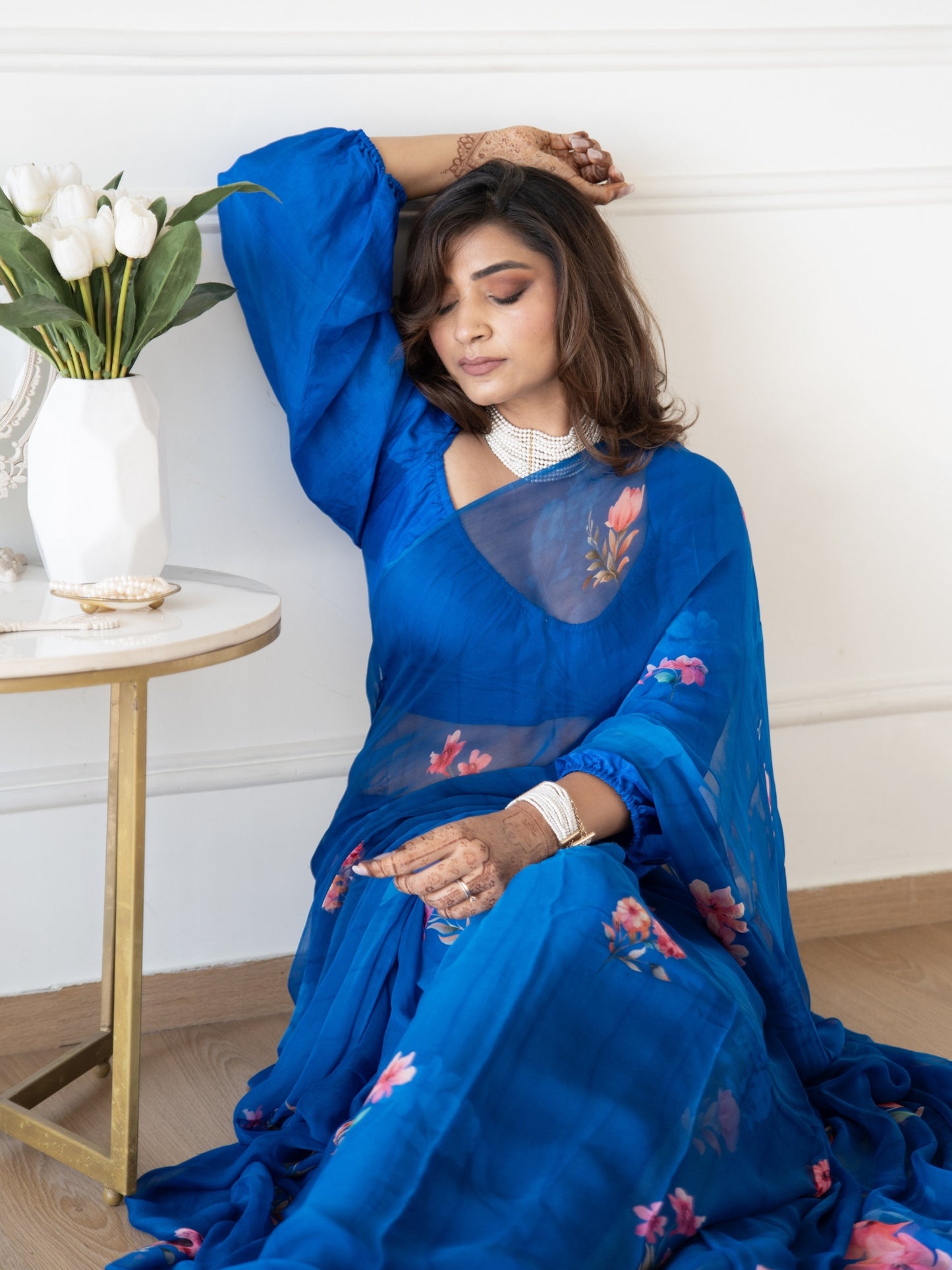 Azura - Royal Blue Floral Print Pure Chiffon Saree