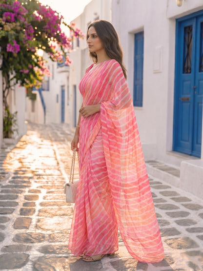 Blush Waves - Pink Leheriya Print Pure Chiffon Saree
