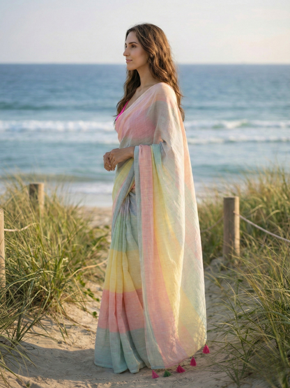 Saturday - Multicolour Striped Mulmul Cotton Saree
