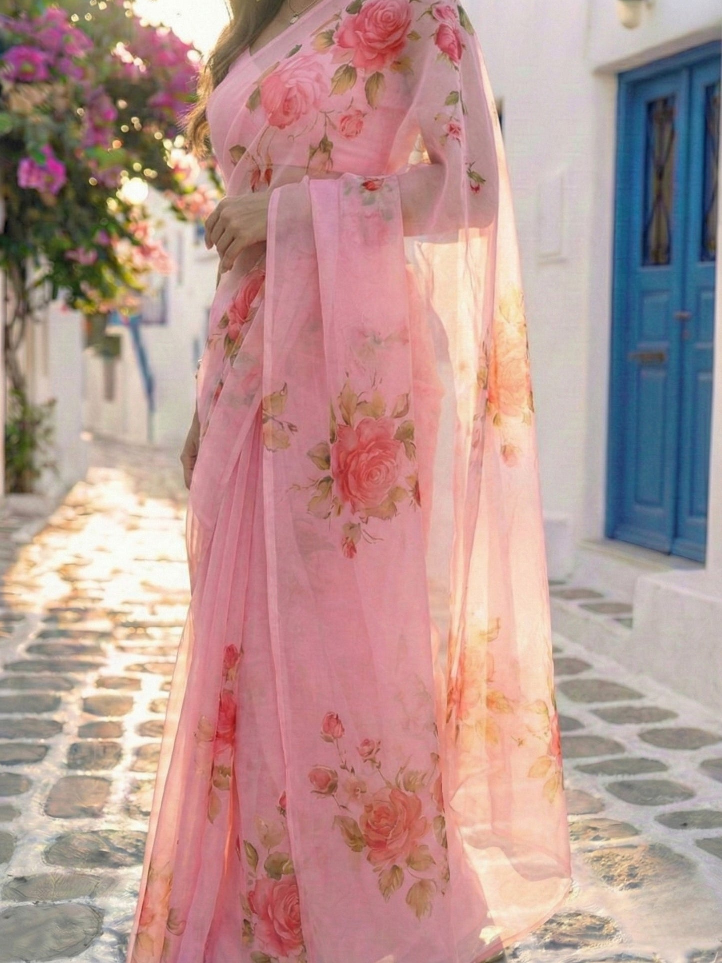 Damask Rose - Pink Floral Hand Painted Pure Chiffon Saree