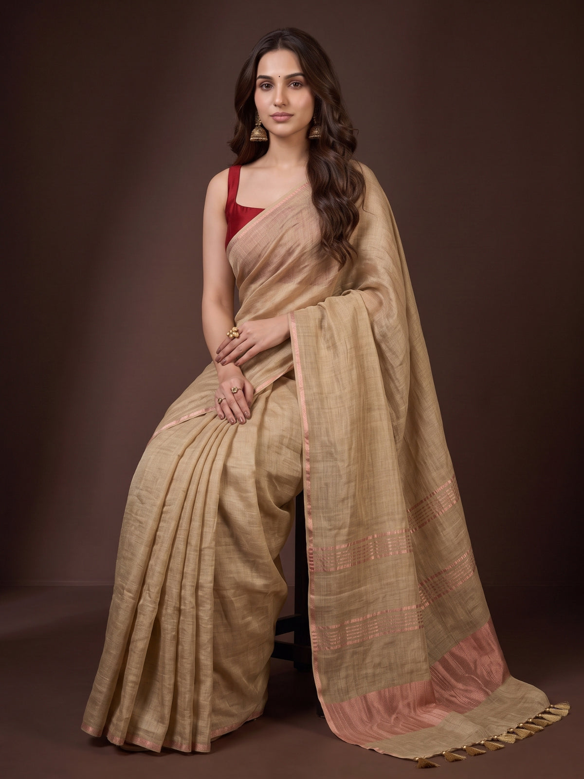 Beige - Pure Handloom Linen Saree with Zari Border