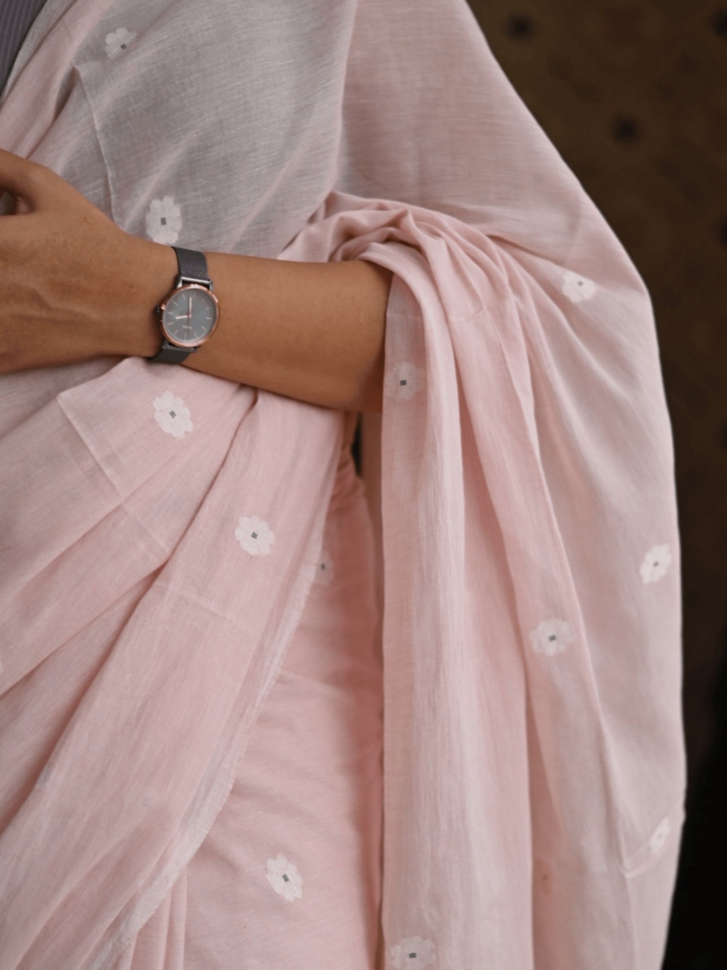 Feather Pink - Floral Original Dhakai Jamdani Saree