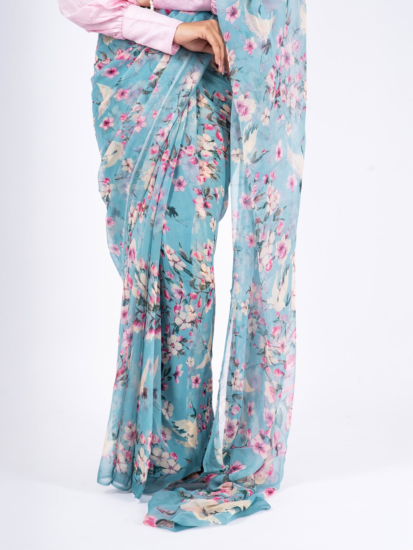 Sakura - Blue Floral Print Pure Chiffon Saree