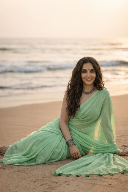 Mint Meadow - Plain Green Mul Cotton Saree