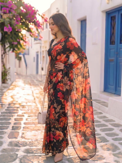 Noxana - Black Floral Print Pure Chiffon Saree