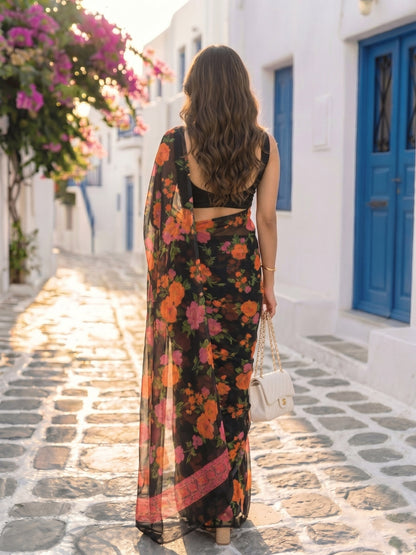 Nyra - Black Floral Print Pure Chiffon Saree