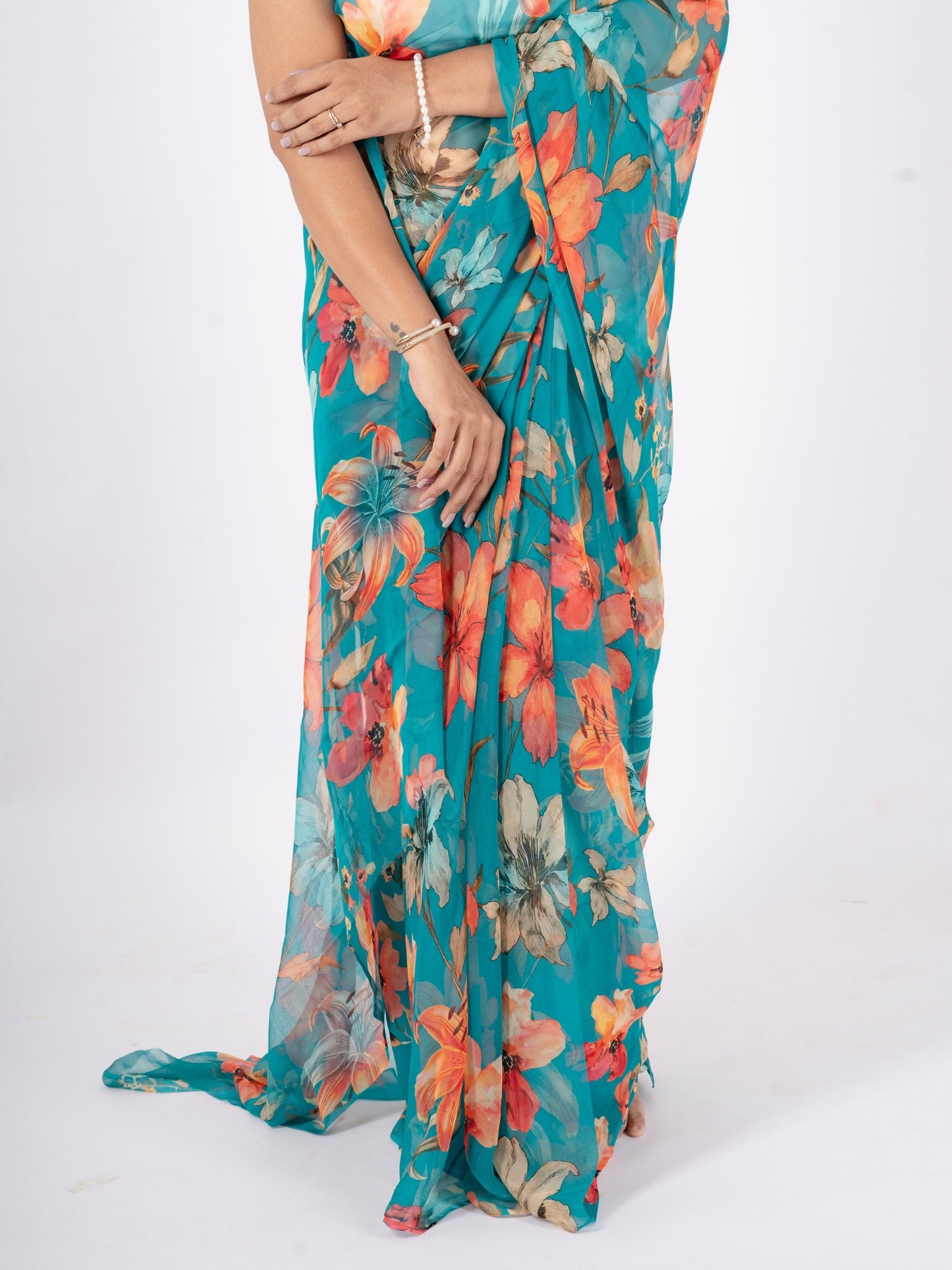 Veyona - Blue Floral Print Pure Chiffon Saree