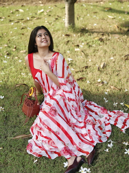 Amélie- Red Floral Print Pure Chiffon Partywear Saree