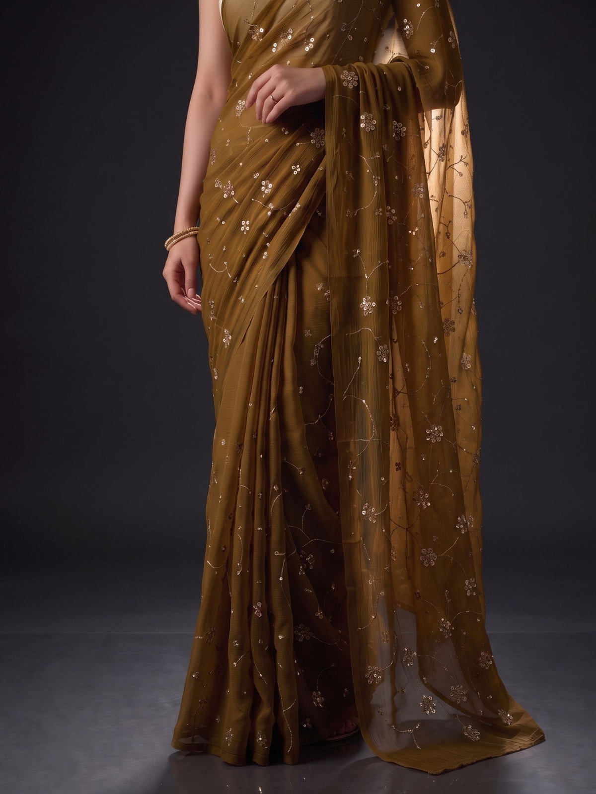 Enigma - Dark Olive Green Sequin Chiffon Partywear Saree