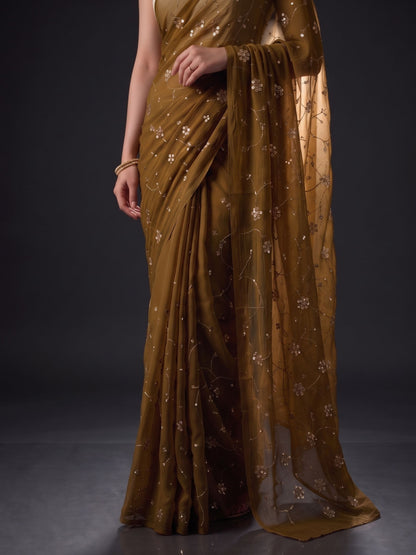 Enigma - Dark Olive Green Sequin Chiffon Partywear Saree
