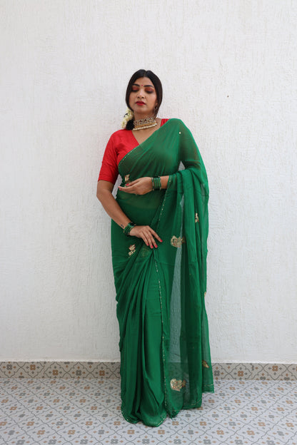 Evergreen Pure Handembroidered Chiffon Saree