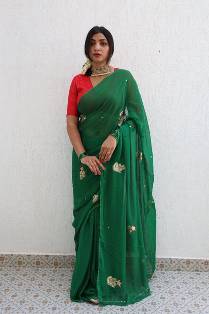 Evergreen Pure Handembroidered Chiffon Saree