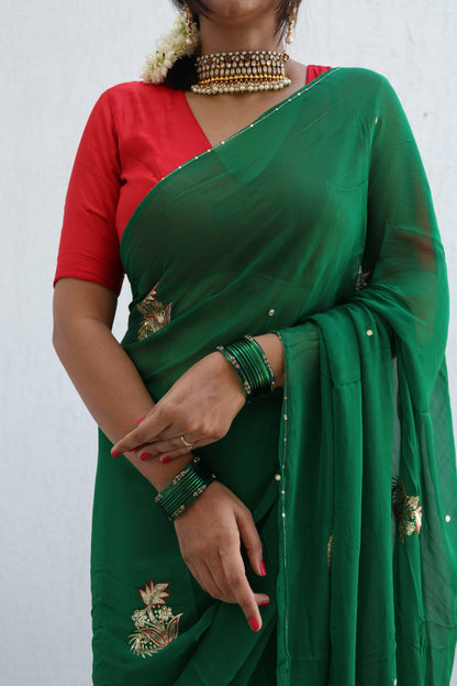 Evergreen Pure Handembroidered Chiffon Saree