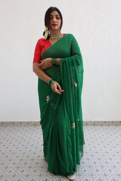 Evergreen Pure Handembroidered Chiffon Saree