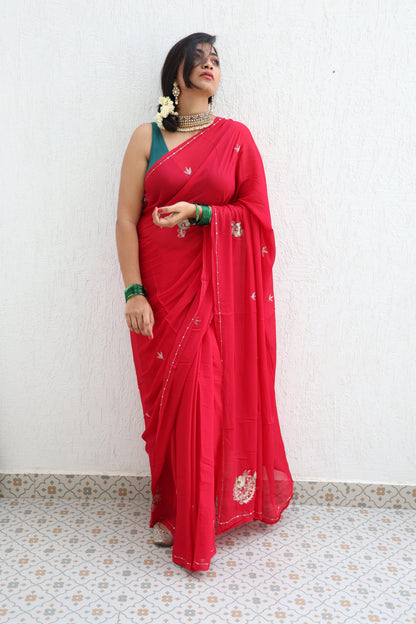 Ripe Cherry Pure Handembroidered Chiffon Saree