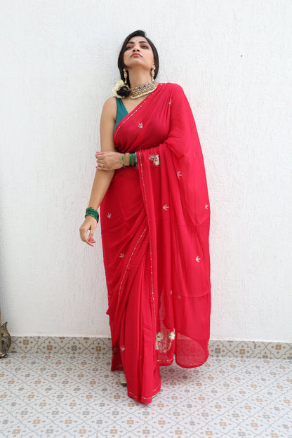 Ripe Cherry Pure Handembroidered Chiffon Saree