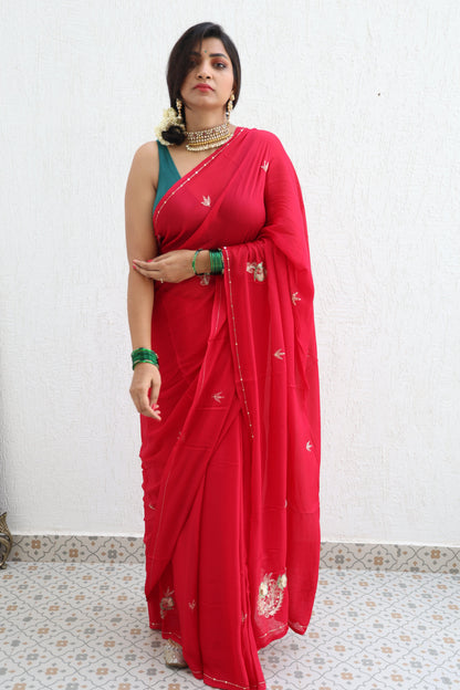 Ripe Cherry Pure Handembroidered Chiffon Saree