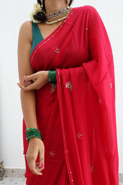Ripe Cherry Pure Handembroidered Chiffon Saree
