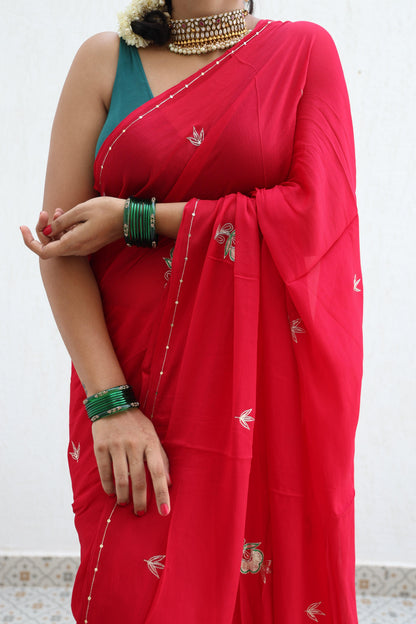 Ripe Cherry Pure Handembroidered Chiffon Saree