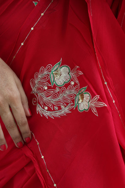 Ripe Cherry Pure Handembroidered Chiffon Saree