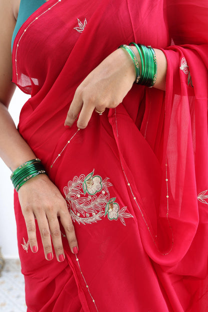 Ripe Cherry Pure Handembroidered Chiffon Saree