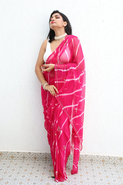 Gulabi Leheriya Handembroidered Chiffon Saree