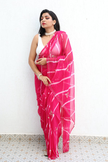 Gulabi Leheriya Handembroidered Chiffon Saree