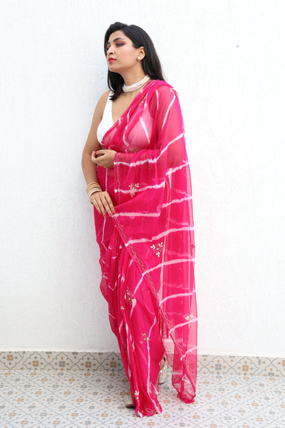 Gulabi Leheriya Handembroidered Chiffon Saree