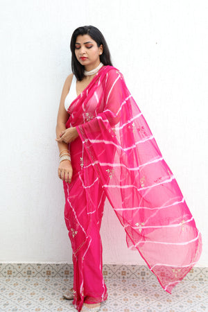 Gulabi Leheriya Handembroidered Chiffon Saree