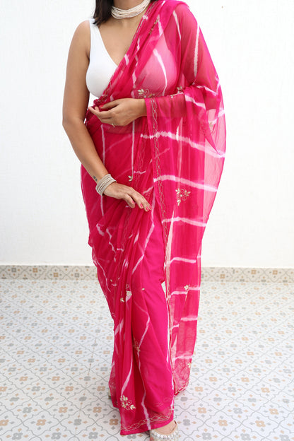 Gulabi Leheriya Handembroidered Chiffon Saree