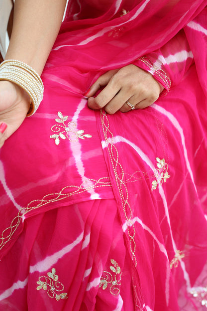 Gulabi Leheriya Handembroidered Chiffon Saree