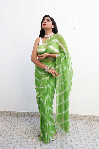 Hari Leheriya Handembroidered Chiffon Saree