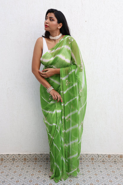 Hari Leheriya Handembroidered Chiffon Saree