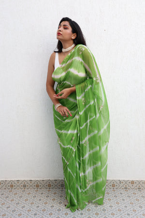 Hari Leheriya Handembroidered Chiffon Saree