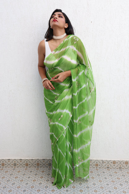Hari Leheriya Handembroidered Chiffon Saree