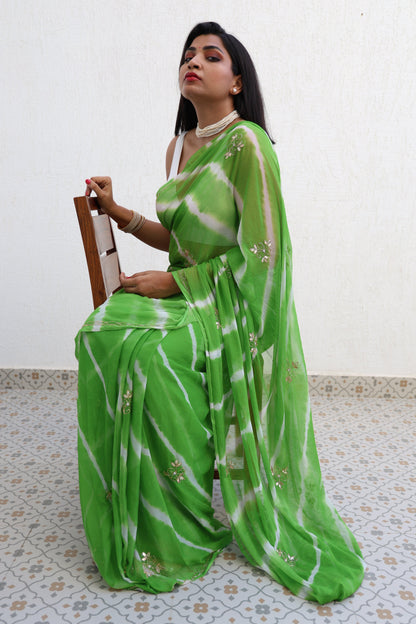 Hari Leheriya Handembroidered Chiffon Saree