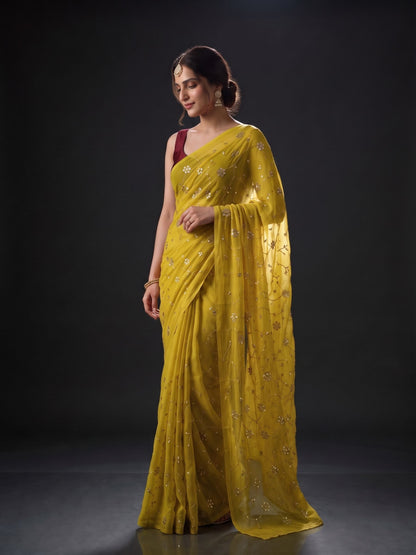 Rendezvous - Yellow Sequin Chiffon Partywear Saree