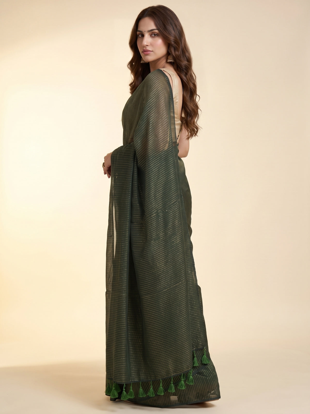 Emerald - Green Striped Mul Cotton Zari Saree