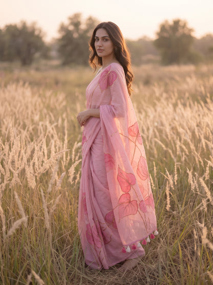 Anthuria - Blush Pink Handpainted Mulmul Cotton Saree