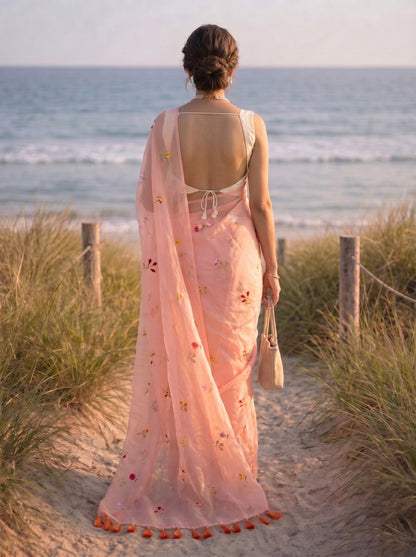 Gardenalia Peach - Embroidered Pure Mulmul Cotton Saree