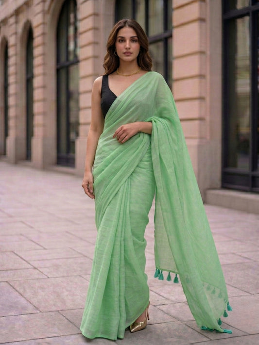 Mint Meadow - Plain Green Mul Cotton Saree