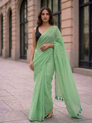 Mint Meadow - Plain Green Mul Cotton Saree
