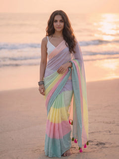 Saturday - Multicolour Striped Mulmul Cotton Saree