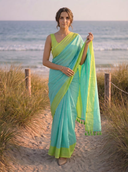 Citrus Shift - Turquoise Pure Mulmul Cotton Saree