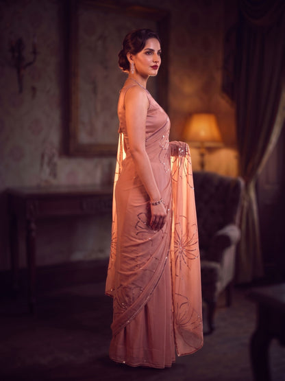 Leading Lady - Dusty Pink Sequin Pure Chiffon Partywear Saree