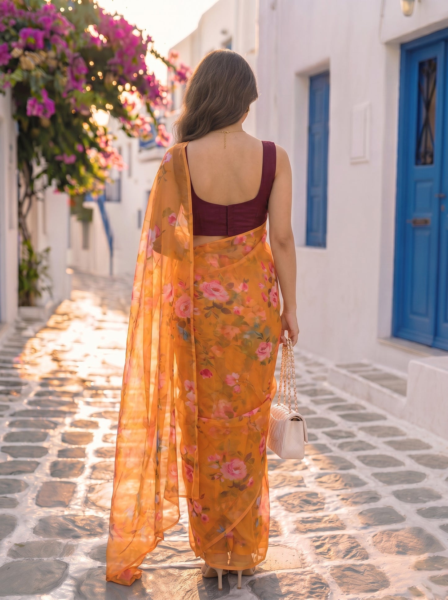 Sunlit Rose - Mustard Floral Print Pure Chiffon Saree